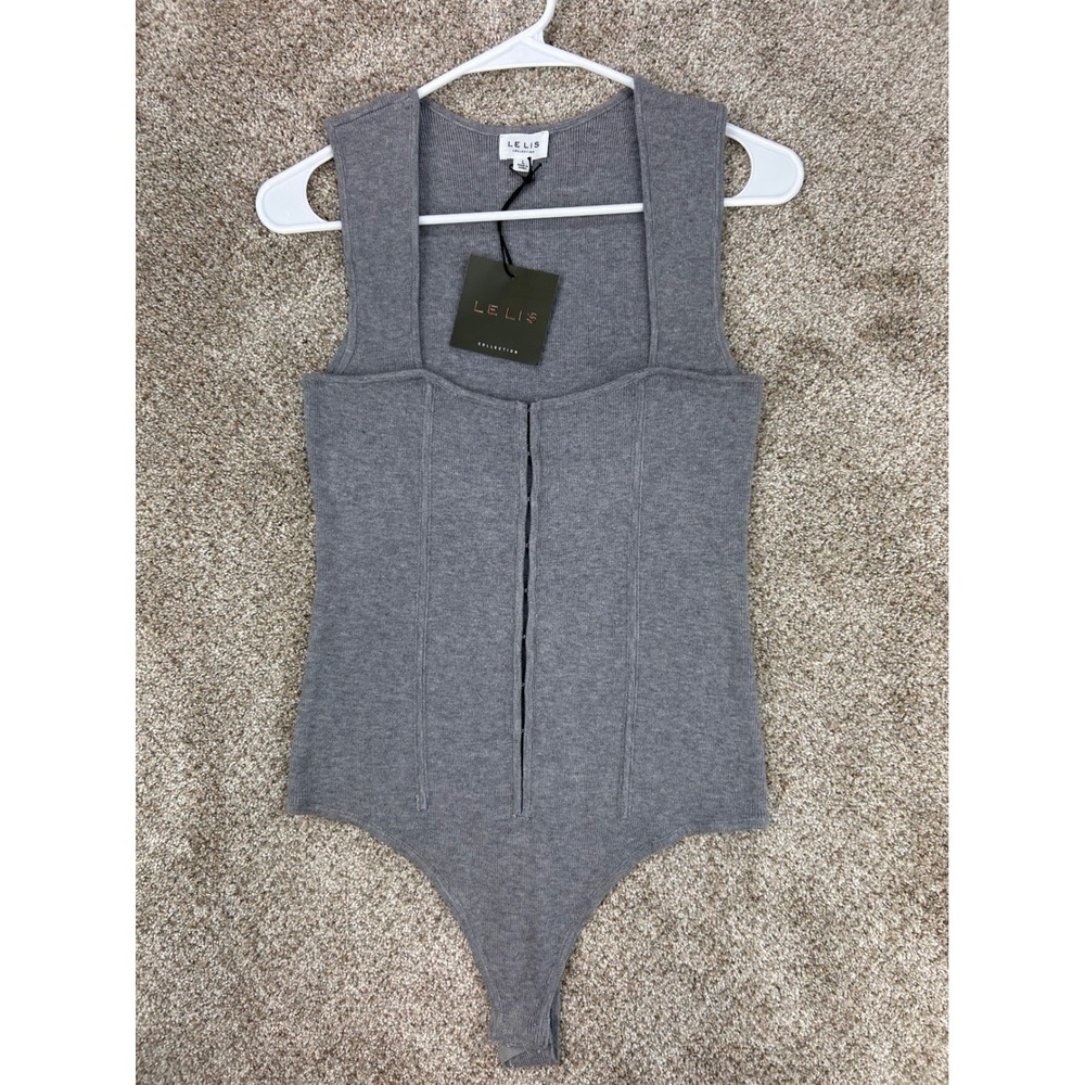 Balletcore Y2K 90s Minimalist Coquette Le Lis Gray Knit Corset Bodysuit Lrg NWT